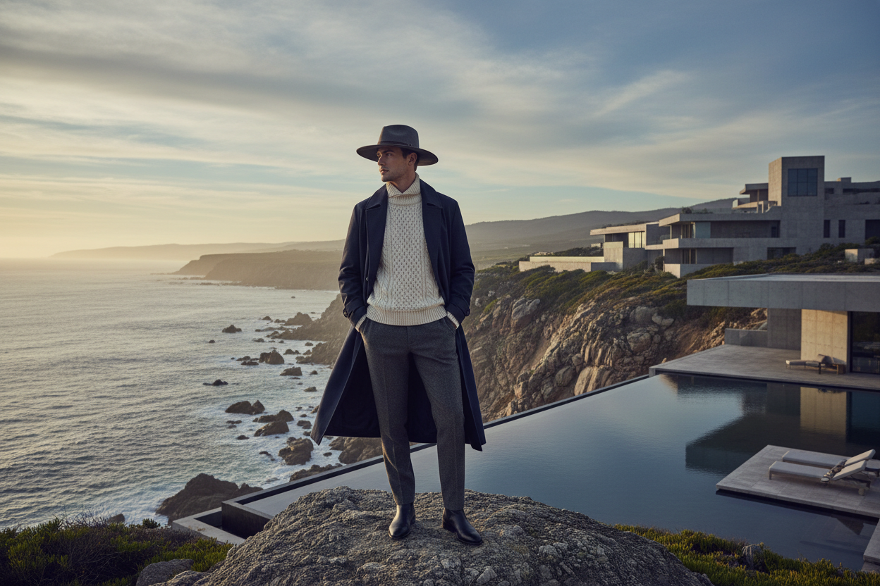 landscape image of a man wearing a hat and a wooly jumper with a cool background for high fashion vibes